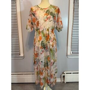 Zara Floral Midi Dress in Cream with Orange & Green Print